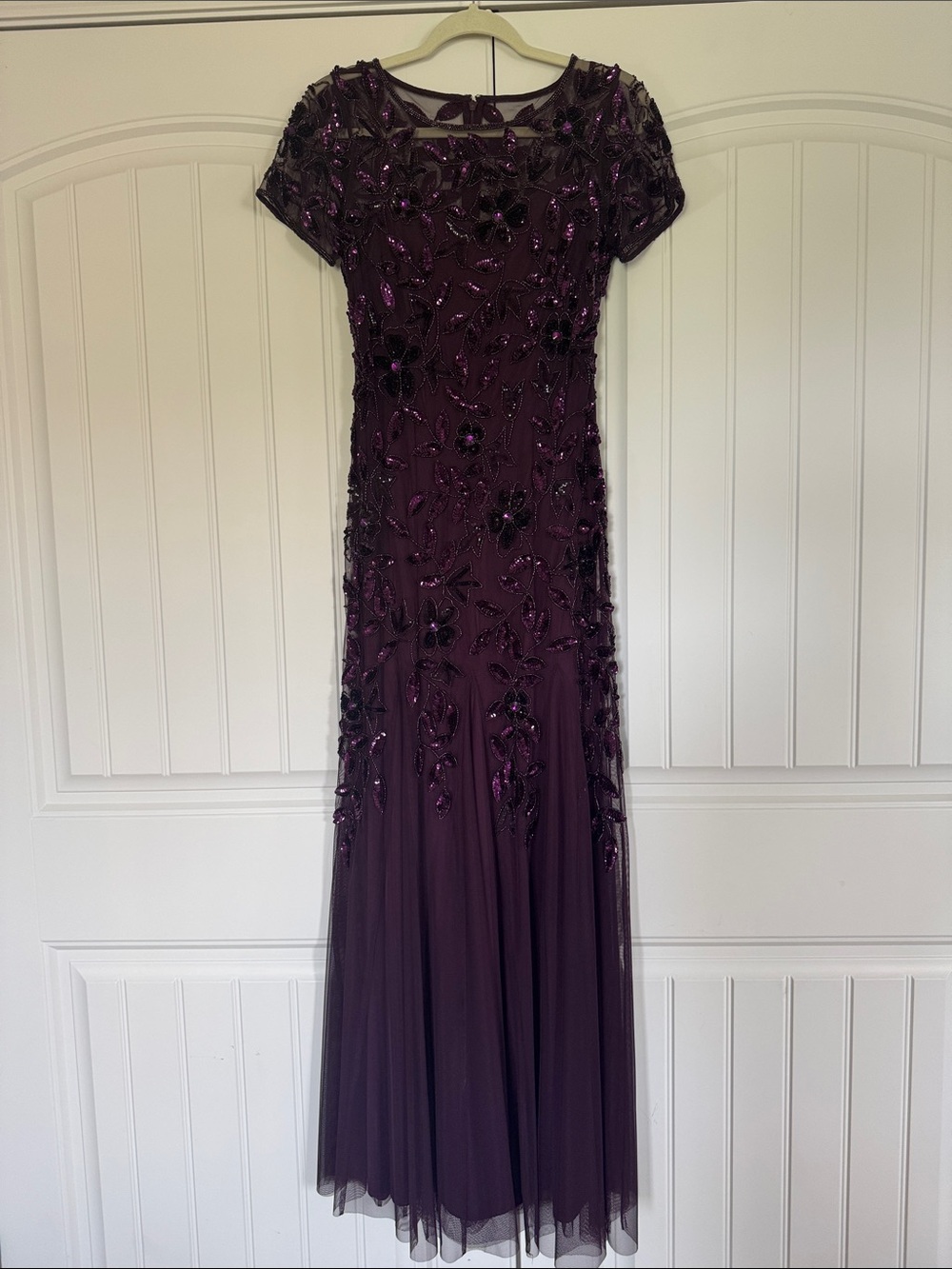 Adrianna Papell Plum Beaded Maxi Evening Dress